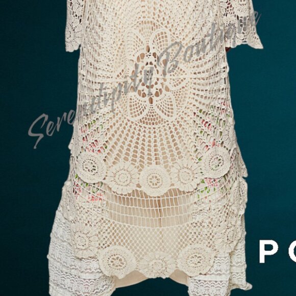 POL Bohemian Victorian Floor Length Hi Low Semi Sheer Crochet Oversized Top - Picture 7 of 13